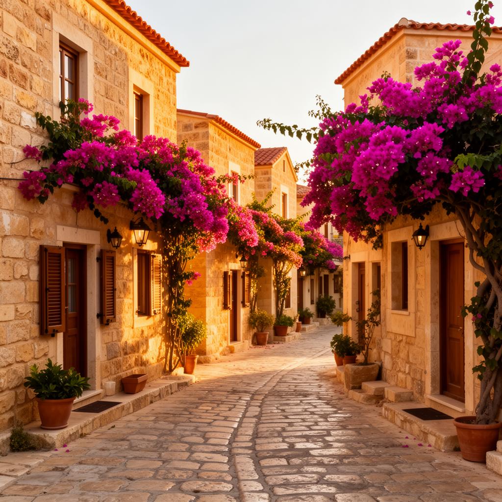 Charming Mediterranean village street in Cyprus with bougainvillea